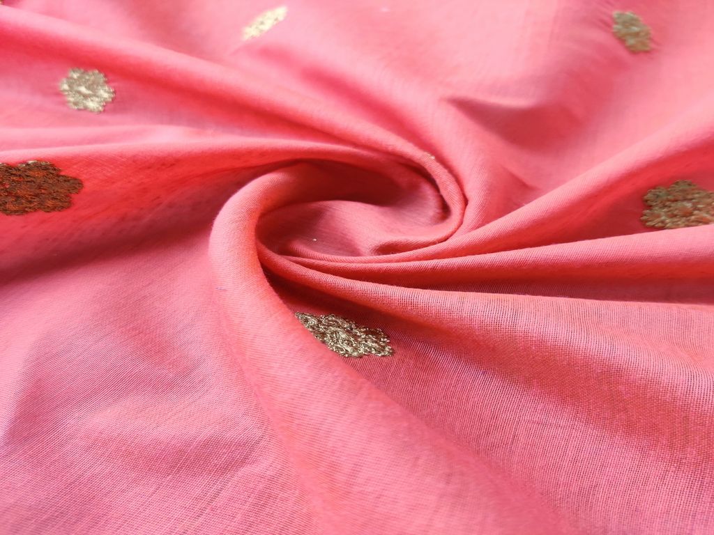Orange Golden Floral Embroidered Chanderi Fabric