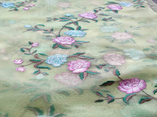 Pastel Green Floral Embroidered Organza Fabric
