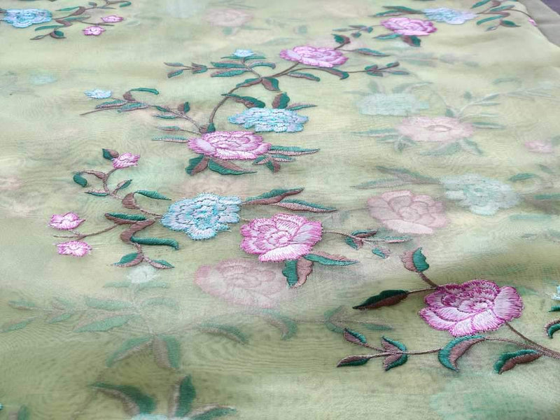Pastel Green Floral Embroidered Organza Fabric