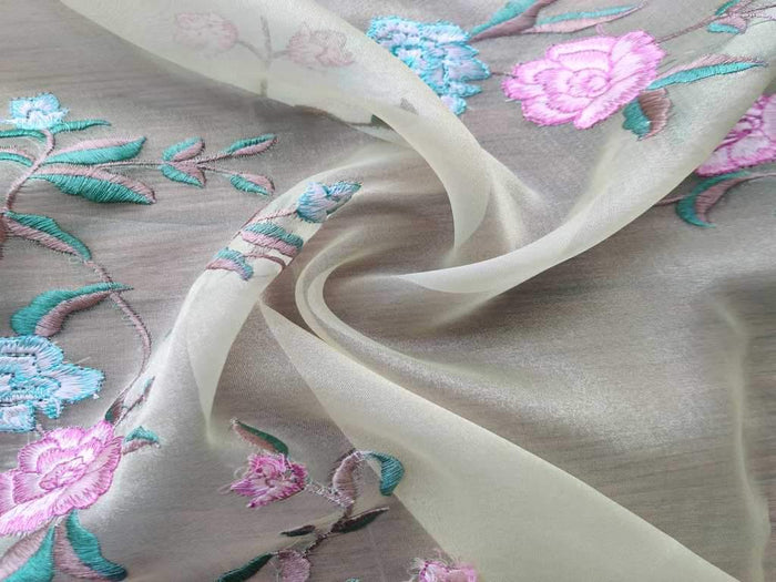 Pastel Green Floral Embroidered Organza Fabric