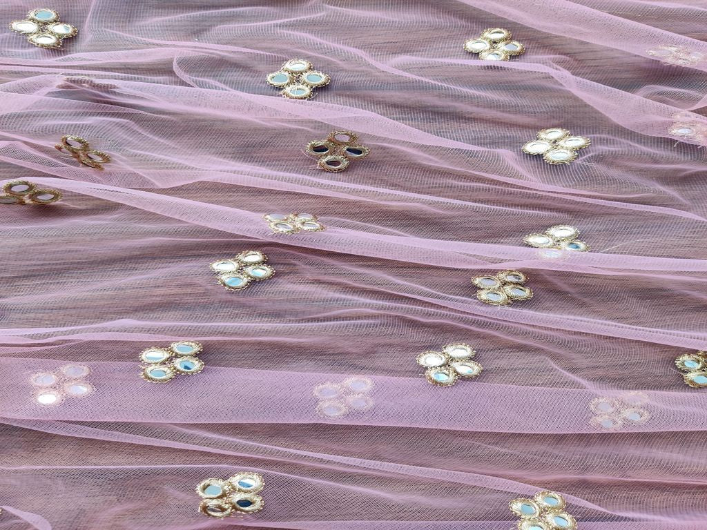 Pink Faux Mirror Embroidered Mono Net Fabric