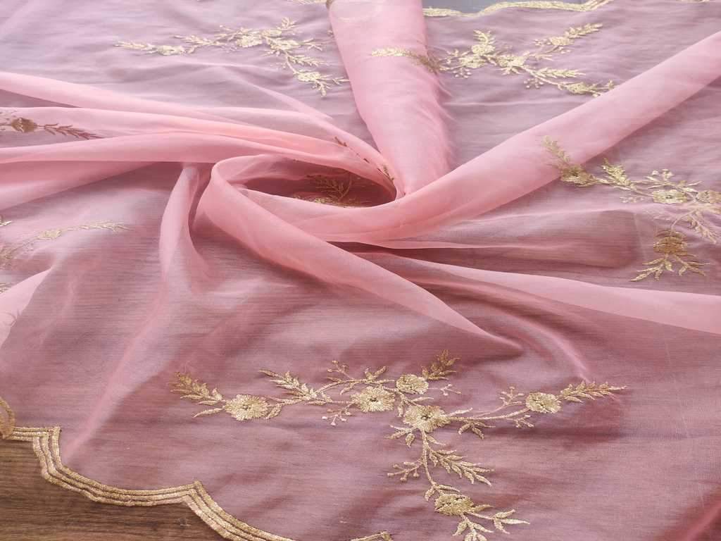Pink Golden Floral Embroidered Organza Fabric