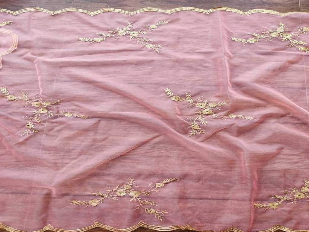 Pink Golden Floral Embroidered Organza Fabric