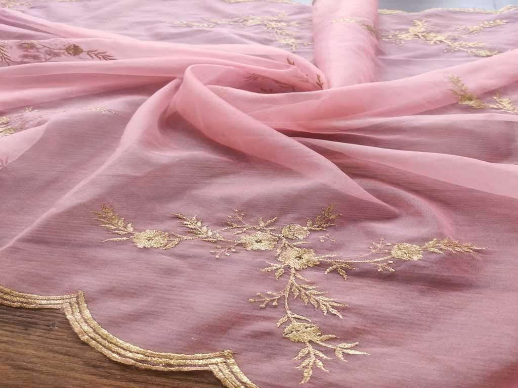 Pink Golden Floral Embroidered Organza Fabric