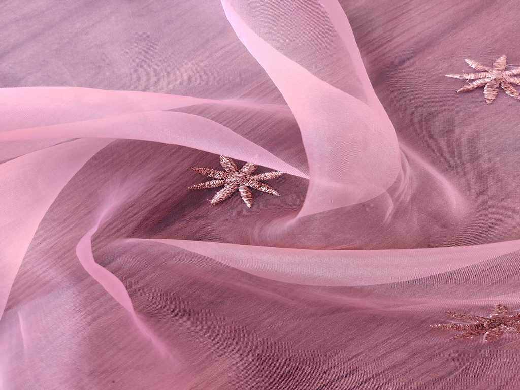 Pink Rose Gold Flowers Embroidered Organza Fabric