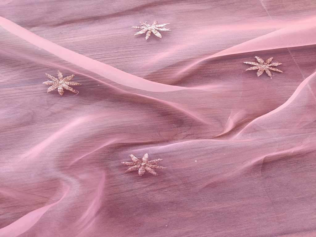Pink Rose Gold Flowers Embroidered Organza Fabric