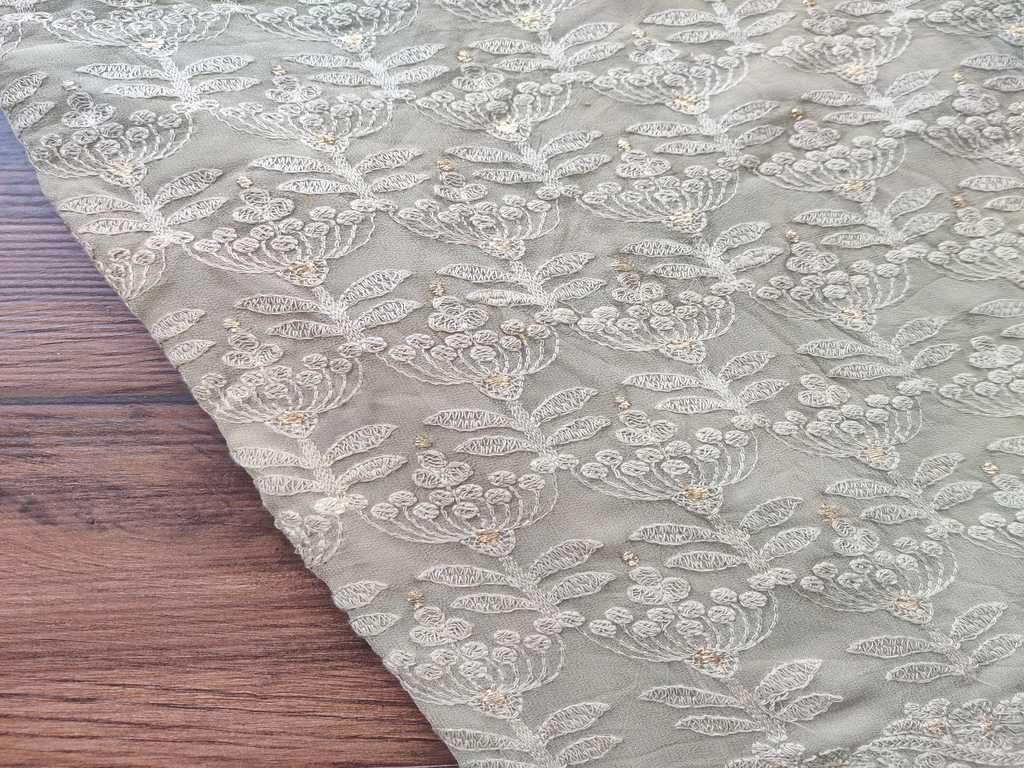 Sage Green Floral Lakhnawi Embroidered Pure Georgette Fabric