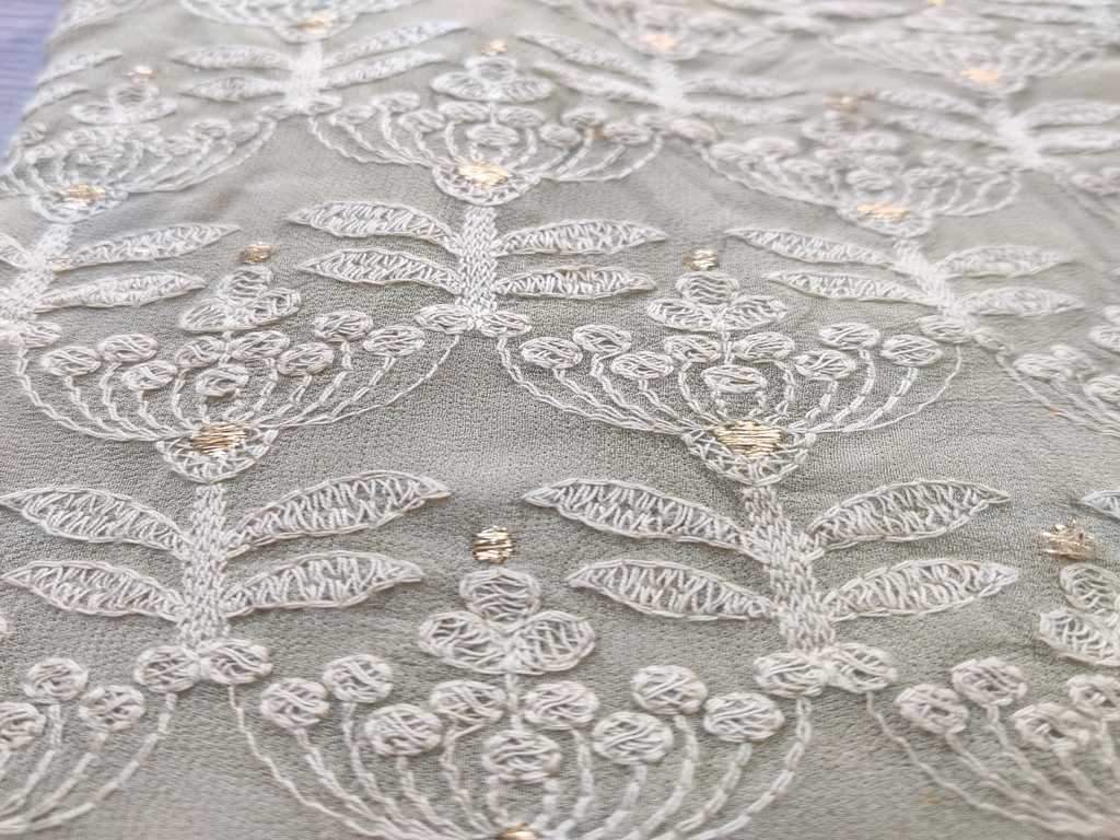 Sage Green Floral Lakhnawi Embroidered Pure Georgette Fabric