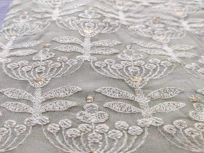 Sage Green Floral Lakhnawi Embroidered Pure Georgette Fabric