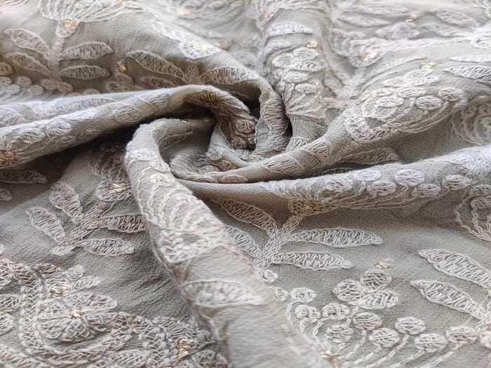 Sage Green Floral Lakhnawi Embroidered Pure Georgette Fabric
