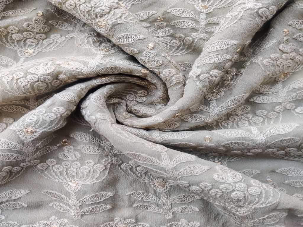 Sage Green Floral Lakhnawi Embroidered Pure Georgette Fabric