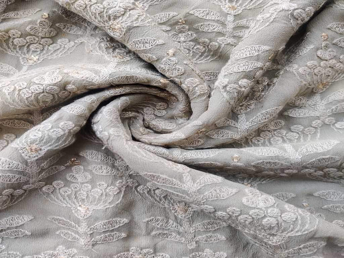Sage Green Floral Lakhnawi Embroidered Pure Georgette Fabric