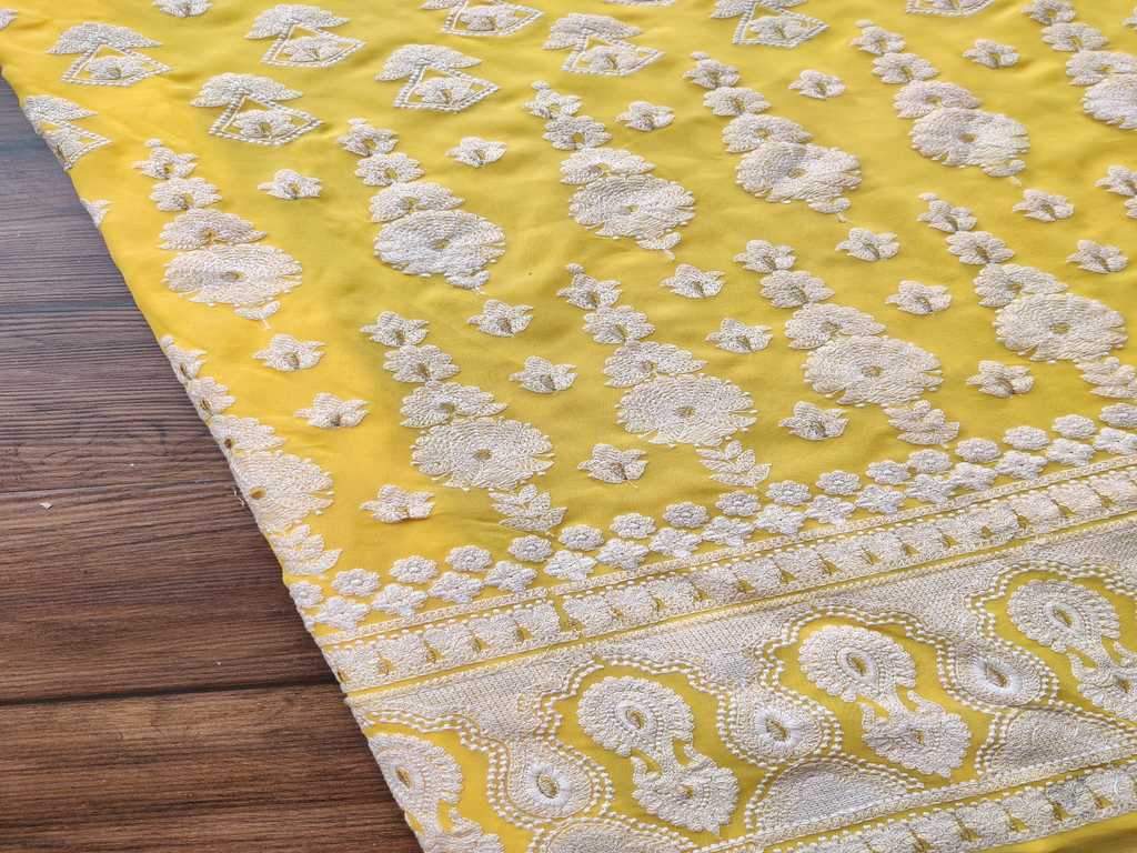Yellow White Flowers Lakhnawi Embroidered Georgette Fabric