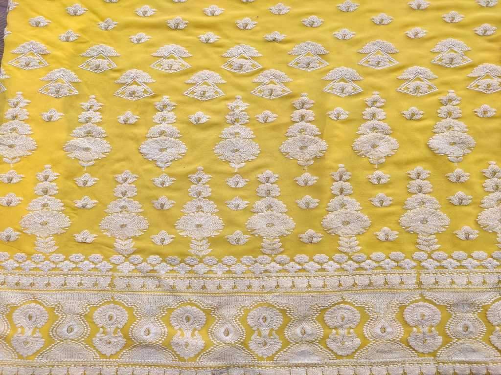 Yellow White Flowers Lakhnawi Embroidered Georgette Fabric