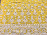 Yellow White Flowers Lakhnawi Embroidered Georgette Fabric