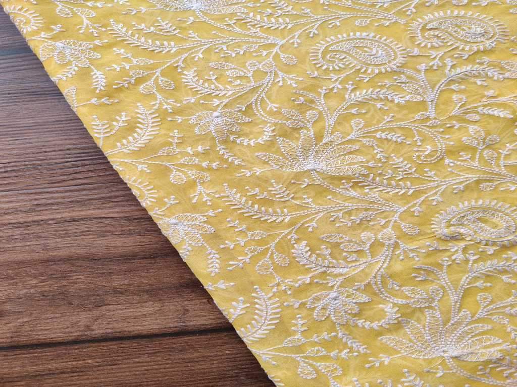 Yellow White Paisleys Lakhnawi Embroidered Pure Georgette Fabric