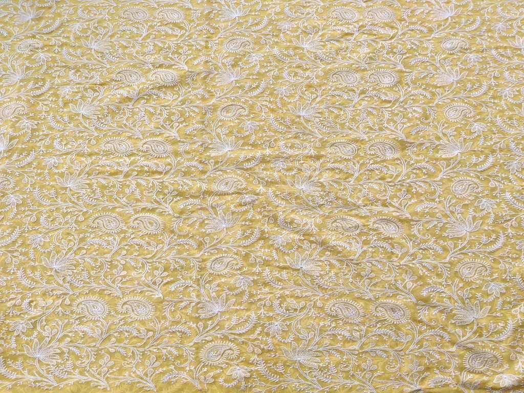 Yellow White Paisleys Lakhnawi Embroidered Pure Georgette Fabric
