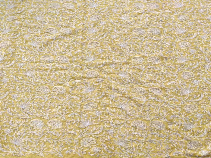 Yellow White Paisleys Lakhnawi Embroidered Pure Georgette Fabric