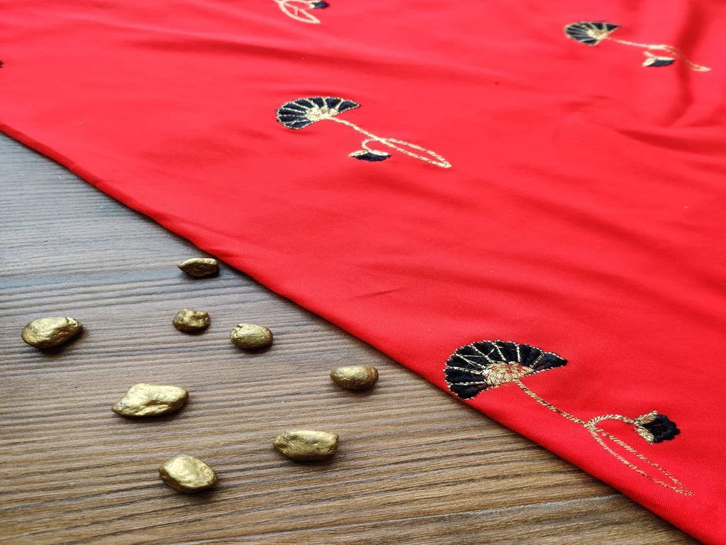 Red Black Flowers Embroidered Rayon Fabric