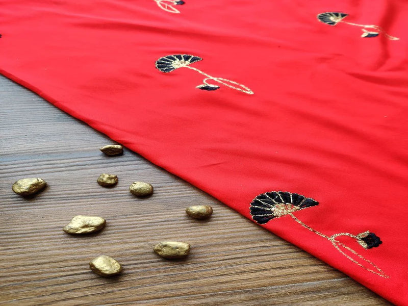 Red Black Flowers Embroidered Rayon Fabric