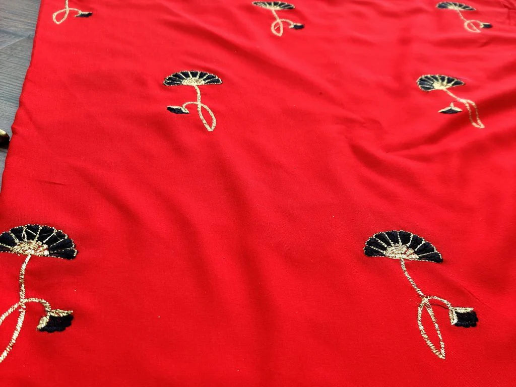 Red Black Flowers Embroidered Rayon Fabric