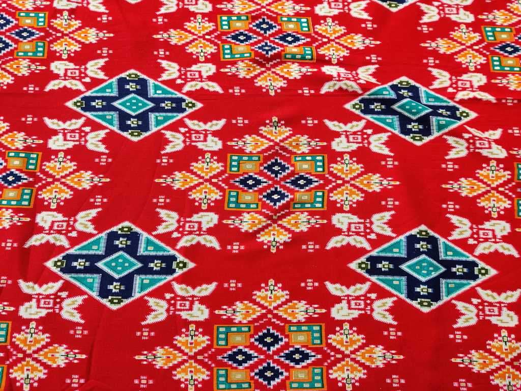Red Geometric Traditional Foil Printed Rayon Fabric