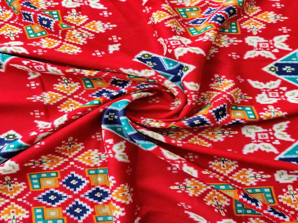 Red Geometric Traditional Foil Printed Rayon Fabric