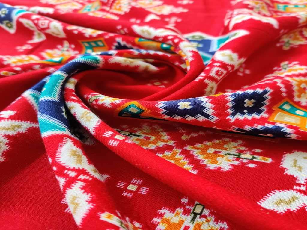 Red Geometric Traditional Foil Printed Rayon Fabric