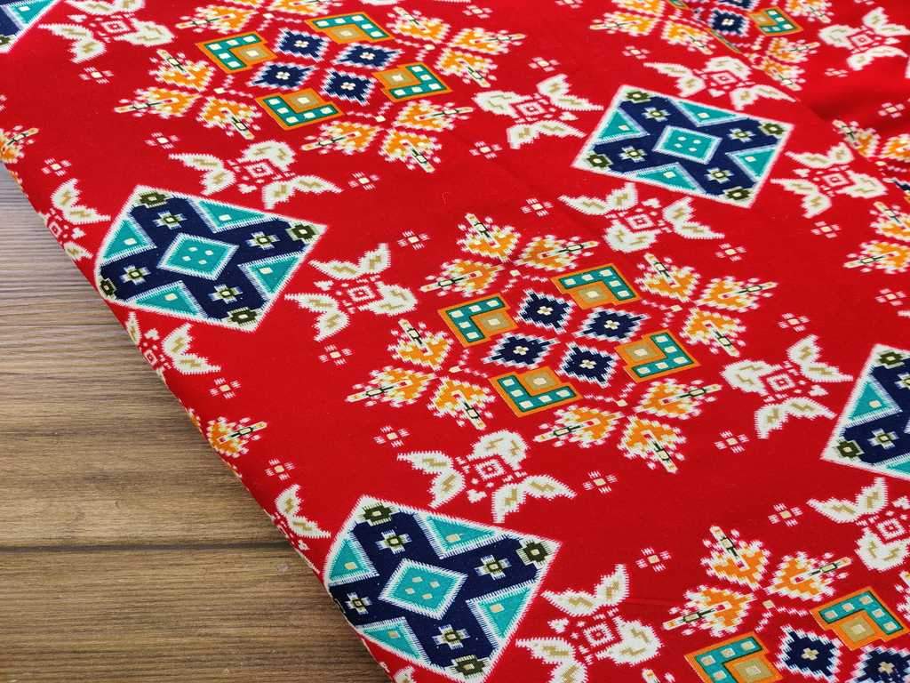 Red Geometric Traditional Foil Printed Rayon Fabric