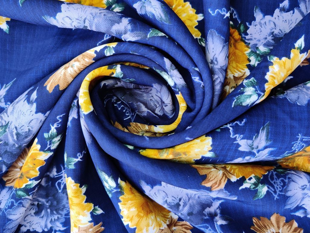 Royal Blue Yellow Brown Flowers Digital Printed Faux Georgette Fabric