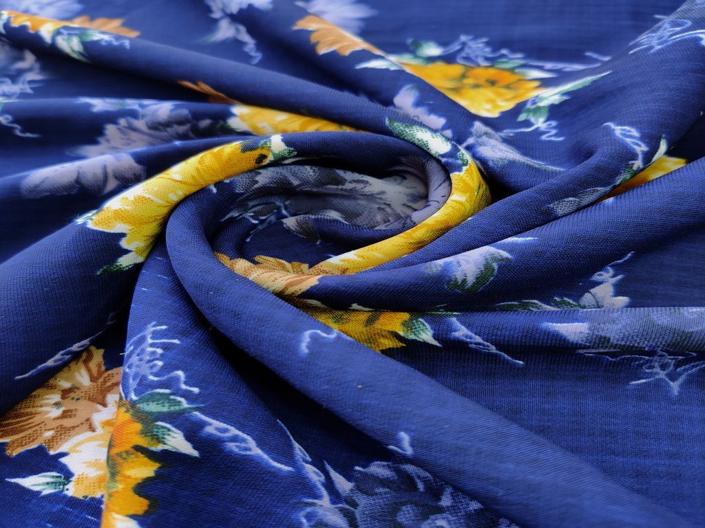 Royal Blue Yellow Brown Flowers Digital Printed Faux Georgette Fabric