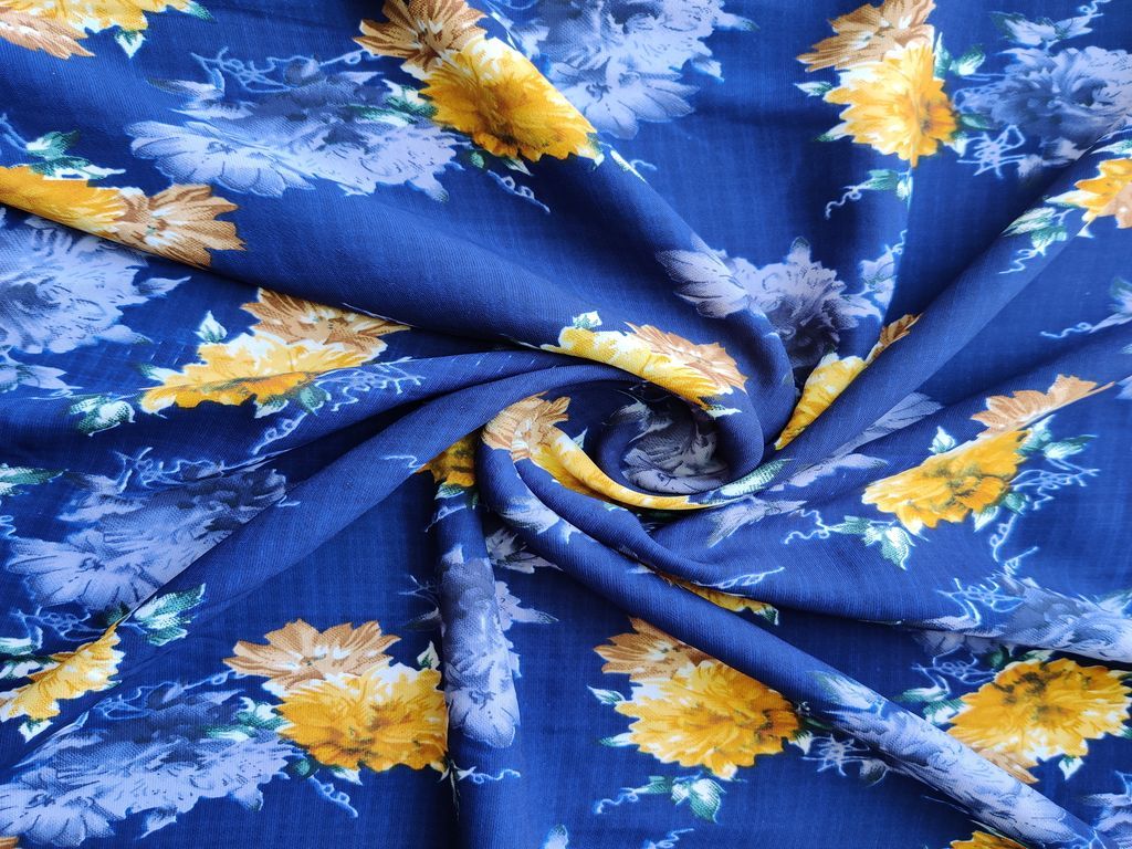 Royal Blue Yellow Brown Flowers Digital Printed Faux Georgette Fabric