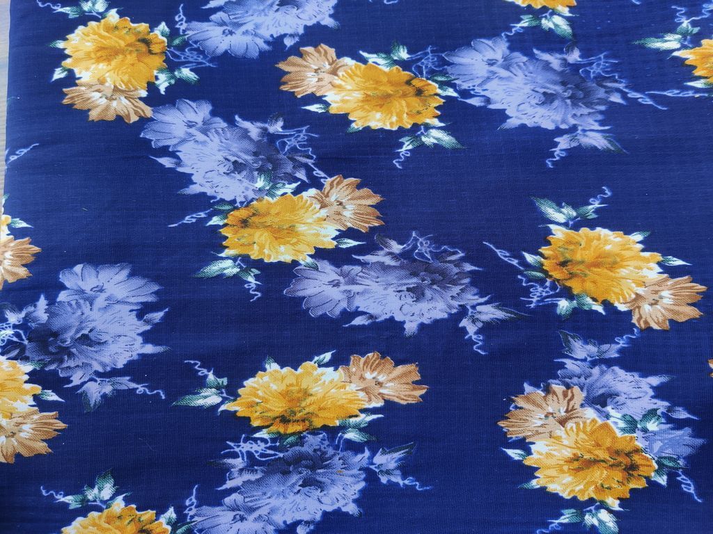 Royal Blue Yellow Brown Flowers Digital Printed Faux Georgette Fabric