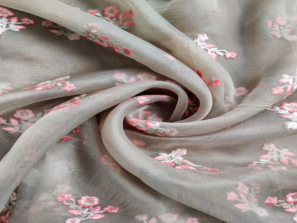 Sage Green Sequins Flowers Embroidered Organza Fabric