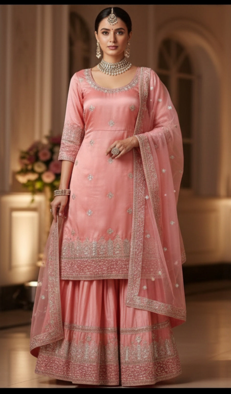 Zardozi & Sequins Embroidered Light Gajri Tissue Fabric