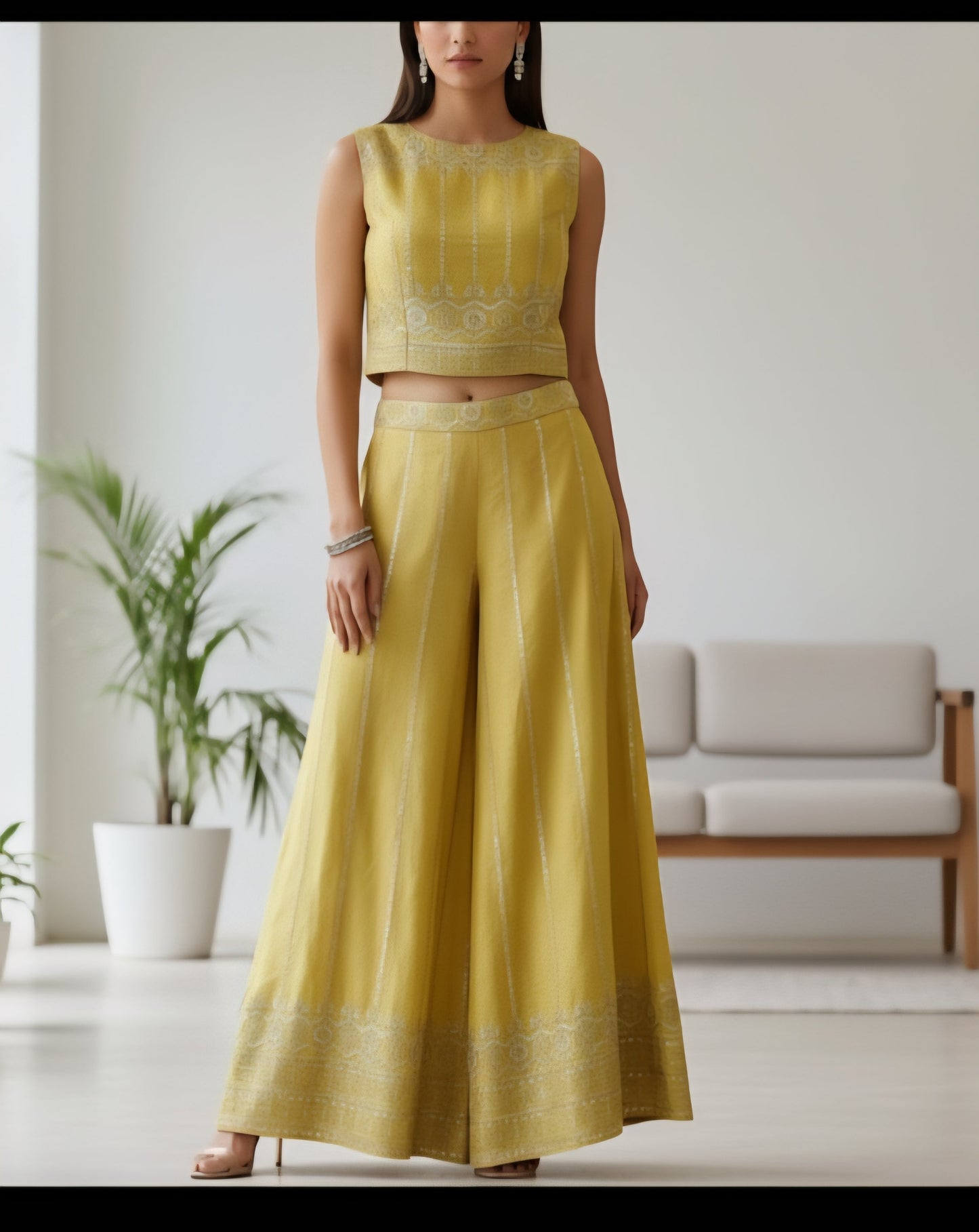 Beads & Sequins Embroidered Lemon Yellow Tissue Fabric