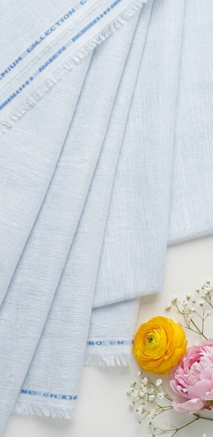 White-Blue Textured Premium cotton Linen Fabric