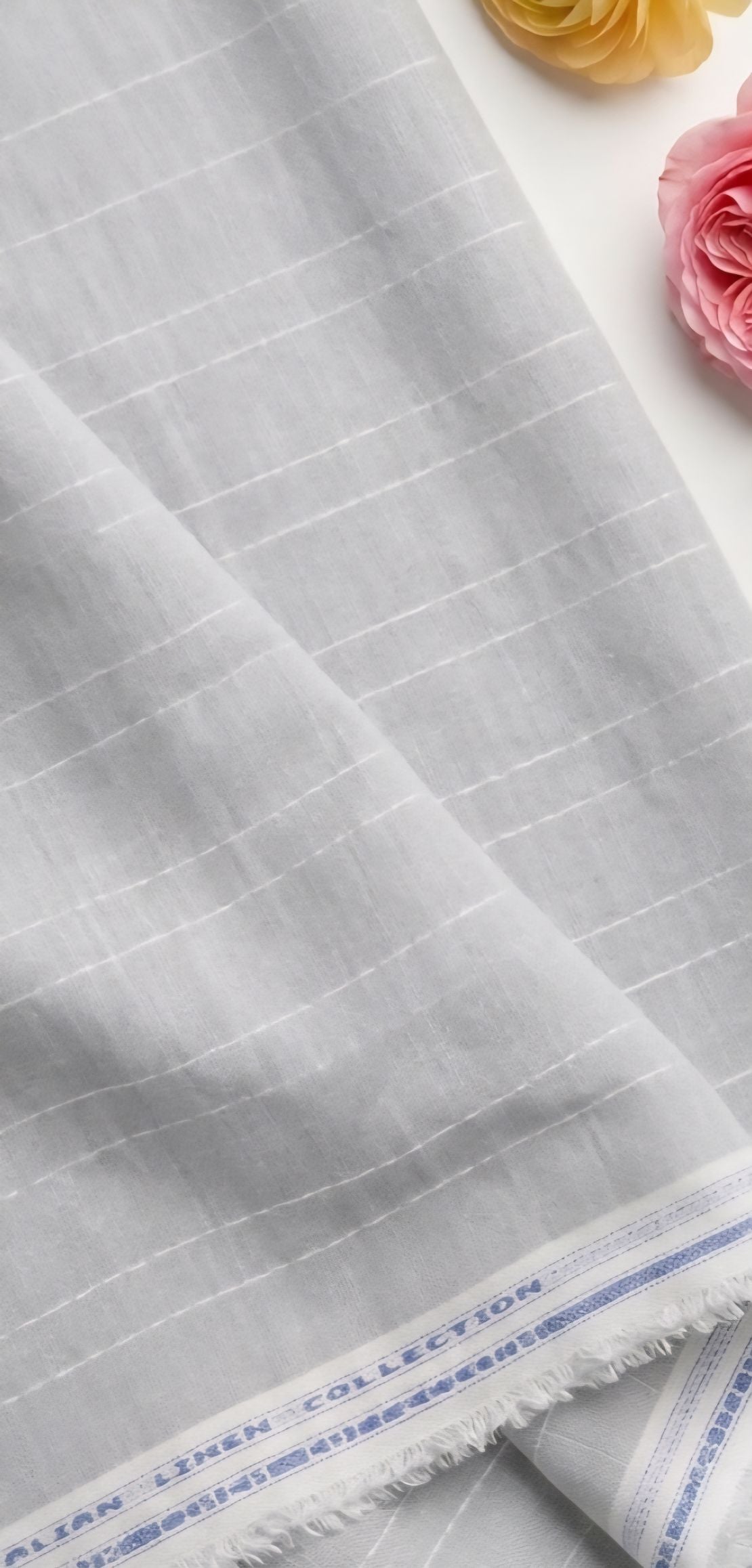 Grey With White Doted Horizontal Lines Cotton Linen Fabric