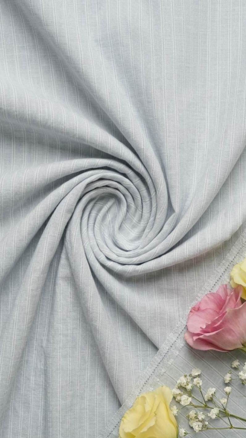 Powder blue with horizontal self-stripe Pure cotton Linen Fabric