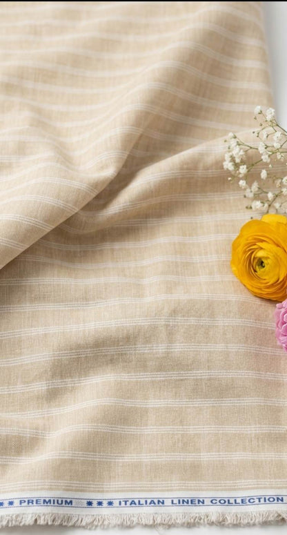 Beige With three White thin Horizontal Lines Cotton Linen Fabric