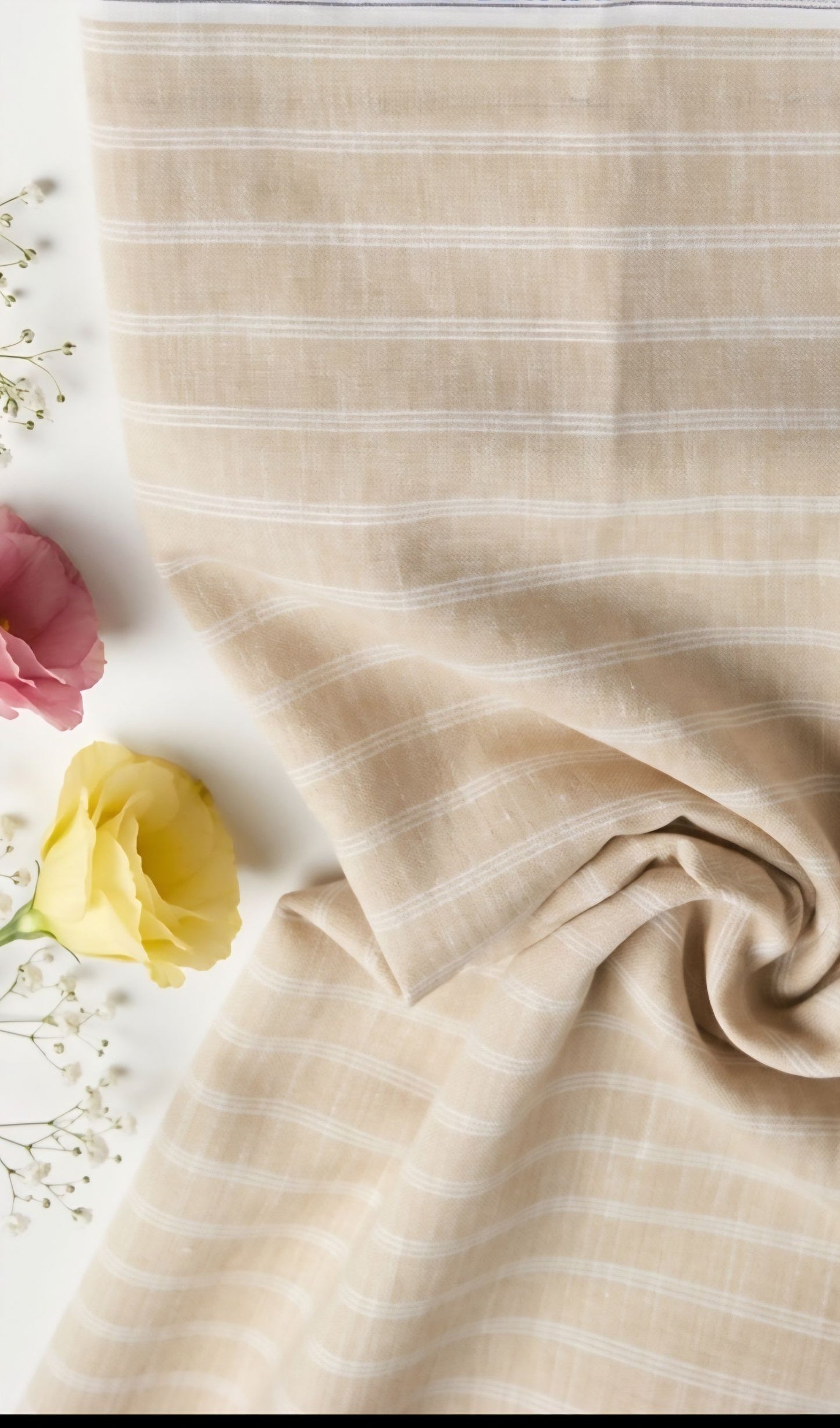 Beige With three White thin Horizontal Lines Cotton Linen Fabric
