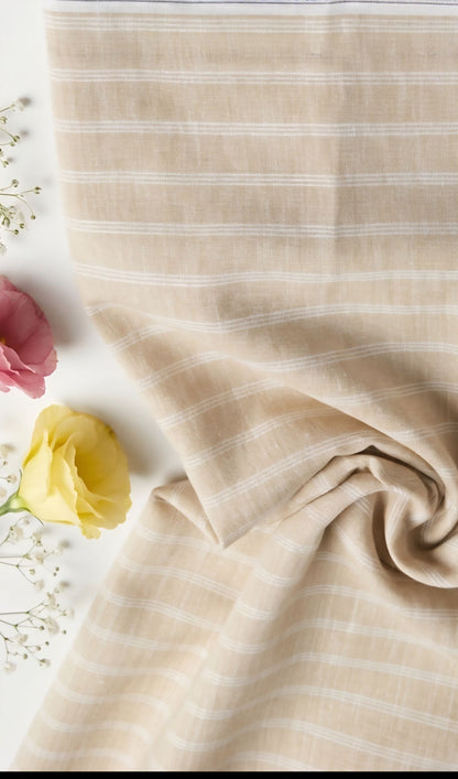 Beige With three White thin Horizontal Lines Cotton Linen Fabric