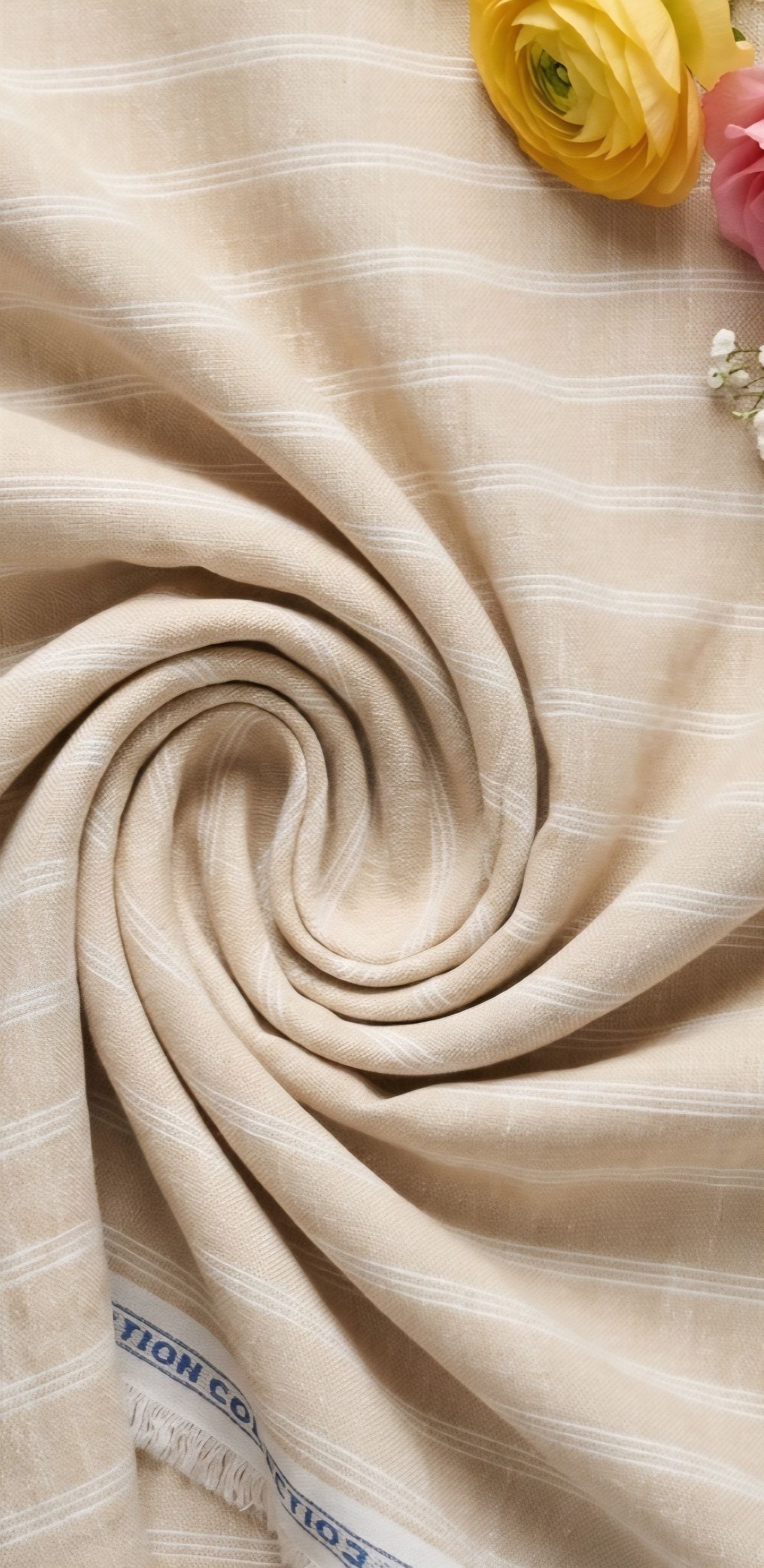 Beige With three White thin Horizontal Lines Cotton Linen Fabric