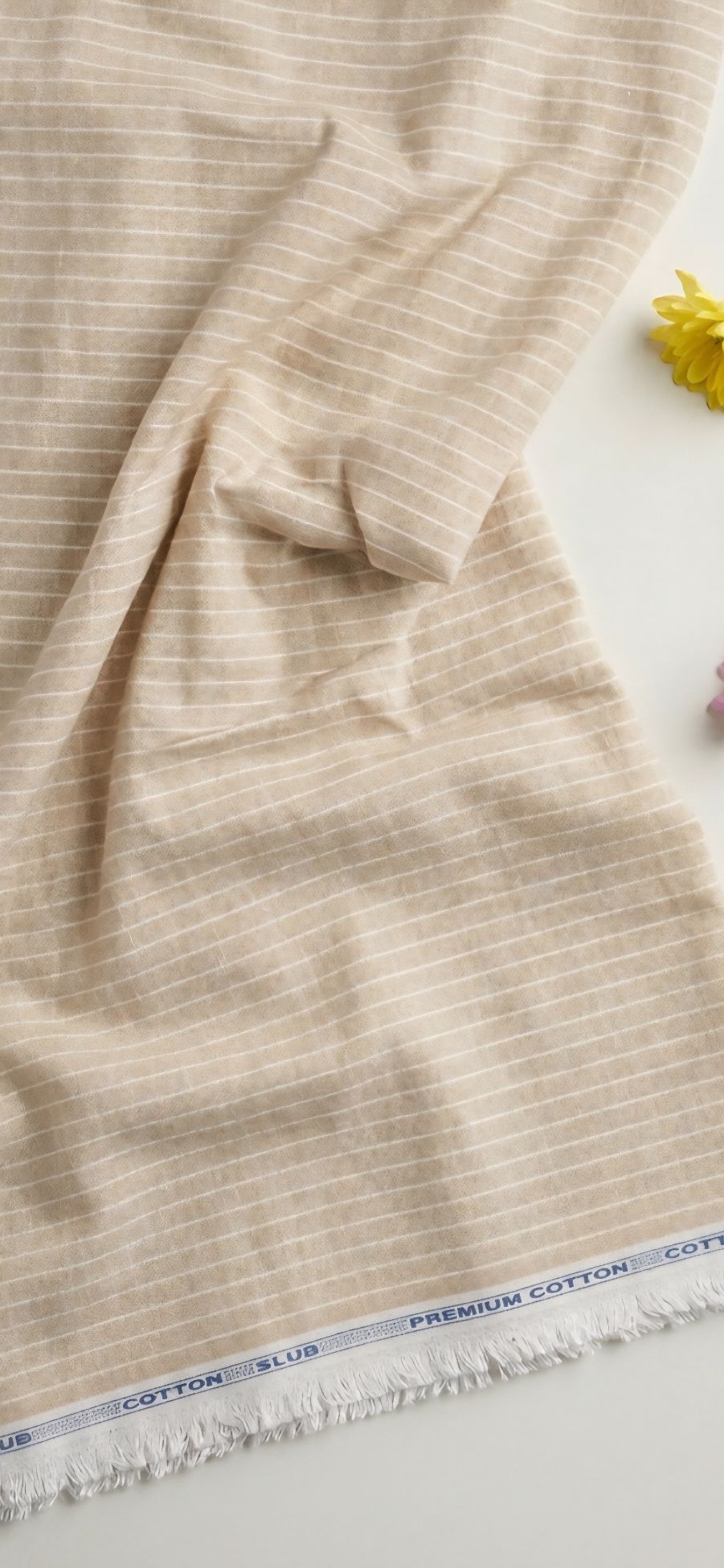 Beige With  White pinstripe Premium Cotton Linen Fabric