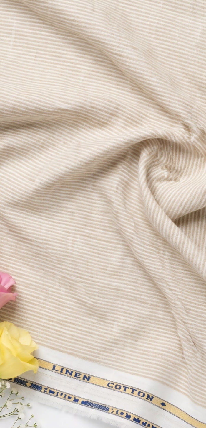 Beige With  White pinstripe Premium Cotton Linen Fabric (2)