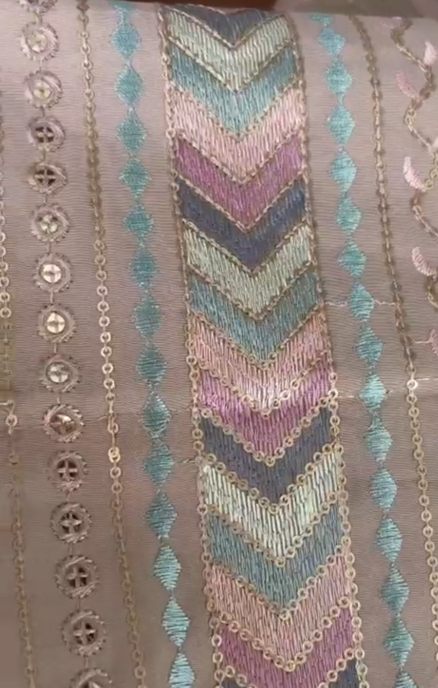 Taupe-Brown Geometric Chevron Embroidered Fabric(Big Width)
