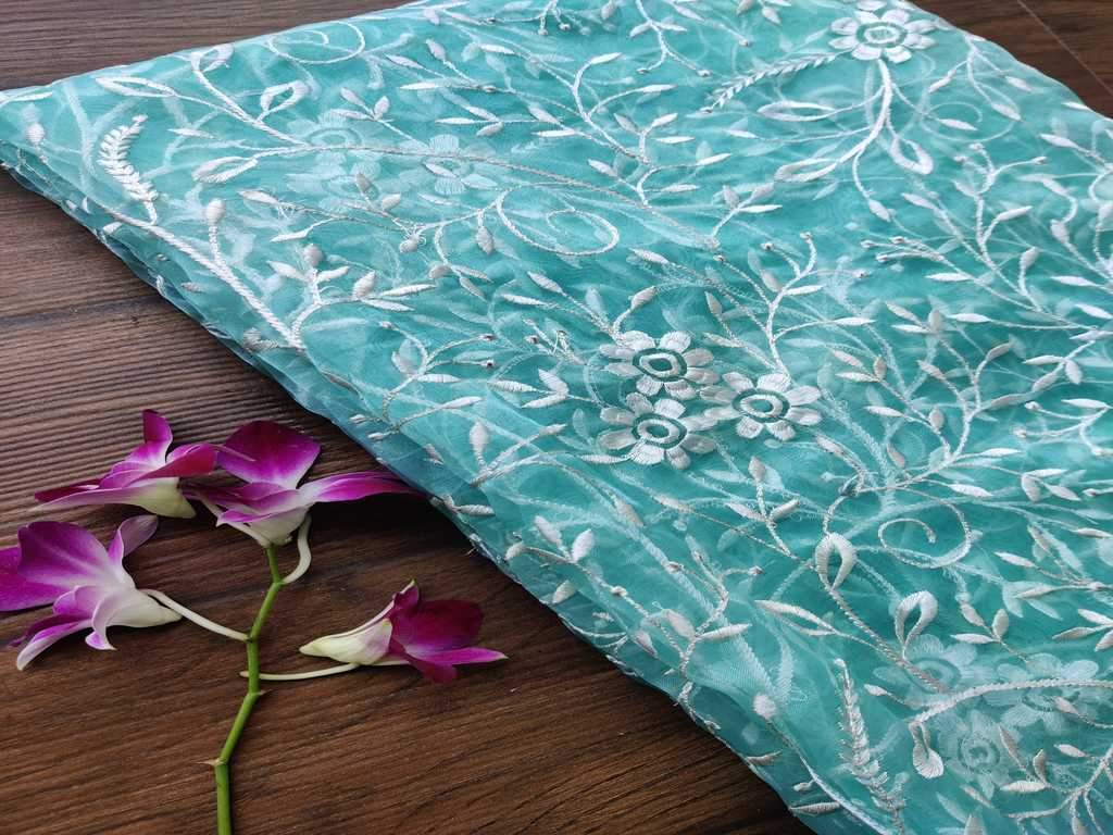 Sea Green Floral Embroidered Organza Fabric
