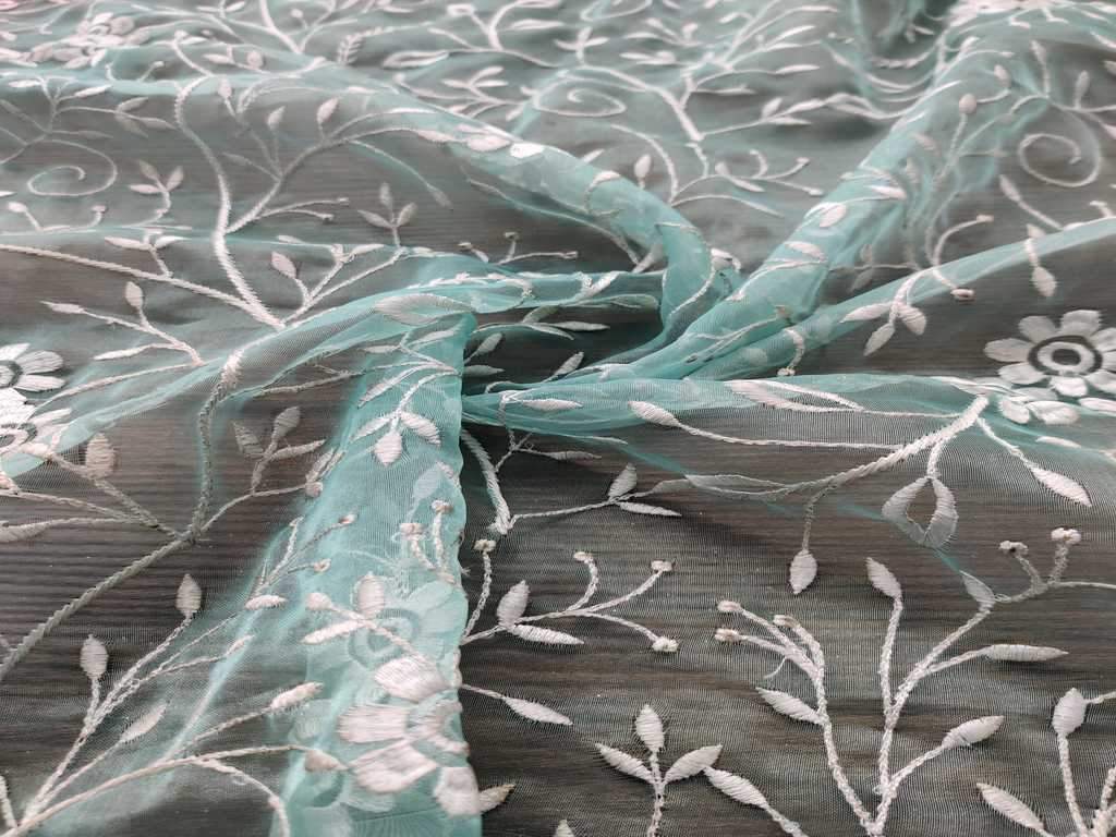 Sea Green Floral Embroidered Organza Fabric