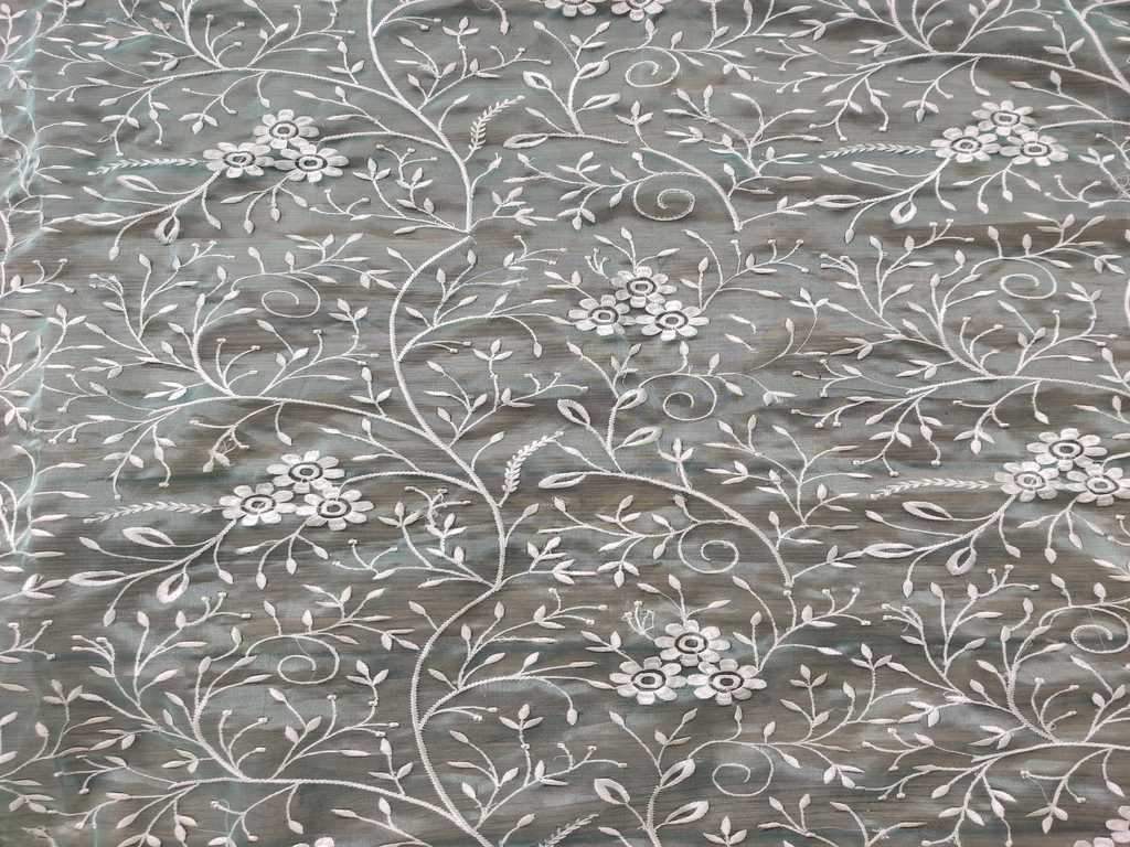 Sea Green Floral Embroidered Organza Fabric