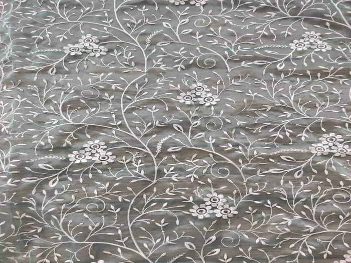 Sea Green Floral Embroidered Organza Fabric